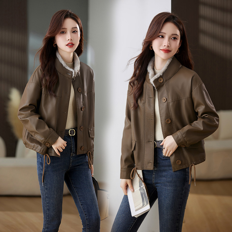 Brand Sheepskin Leather Jacket for Women 25 New Fashion Fleece-Lined Warm Ladies Elegant Slim Versatile Motorcycle Jacket Wholesale