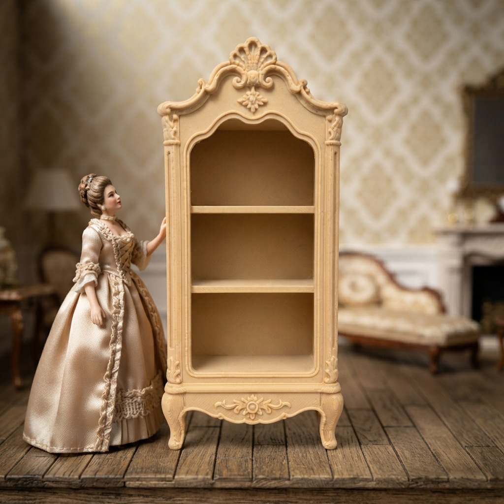 Rococo-style shelf, 3D printed dollhouse, 1:12 scale, natural wood color, multi-tiered doll food play scene setup.