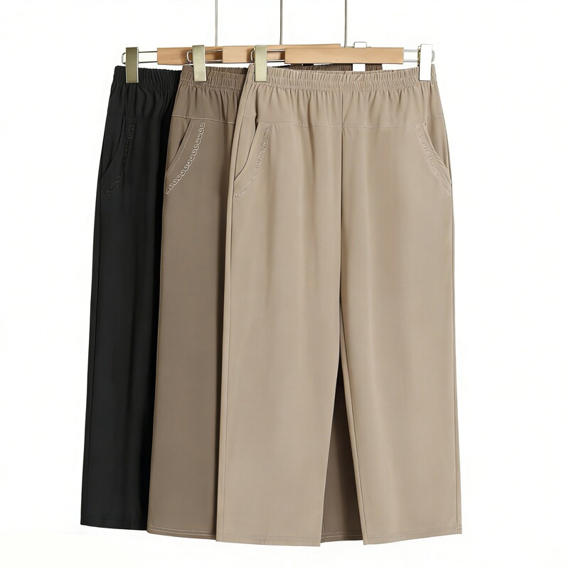 Mom's Summer Pants, Thin and Versatile, Ice Silk Capri Pants for Middle-Aged and Elderly Women, Grandma's Fashionable Casual Pants for Summer