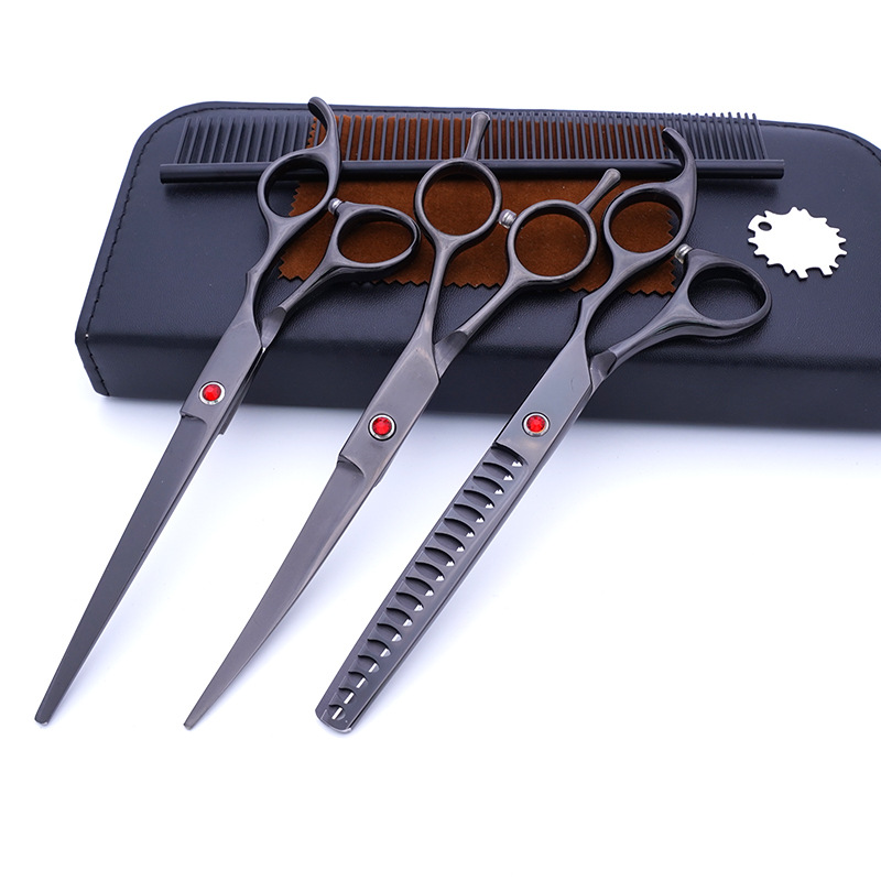 Directo de fábrica de acero inoxidable de 7 pulgadas para mascotas tijeras de belleza profesional de corte de pelo de perro tijeras curvas Teddy adelgazamiento tijeras traje