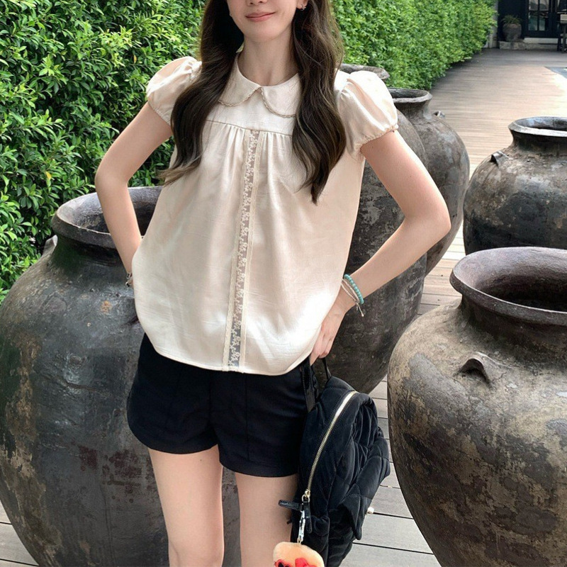 Ashenonlin White Peach Milk Mist Doll Collar Lace Short Sleeve Top Lace Patchwork Sweet Short Shirt