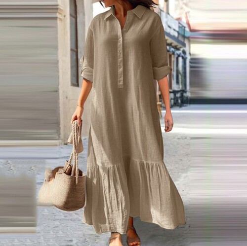 2025 New Arrival Cotton-Linen Long Irregular Dress for European and American Markets, Casual Skirt with Shirt Collar and Twisted Buttons