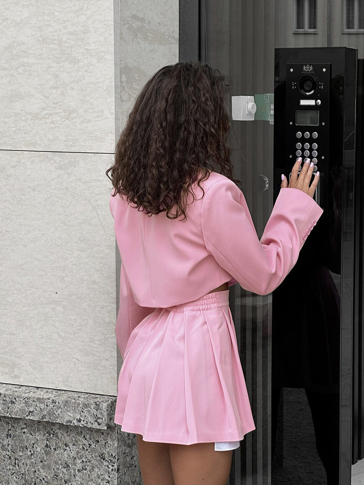 Bộ vest blazer dáng ngắn cổ ve áo kèm chân váy siêu ngắn dài tay — Màu hồng, Màu hồng nhạt, Màu đen, Tất cả các màu đều có trong kho, size L trọng lượng: 670g chi tiết 22