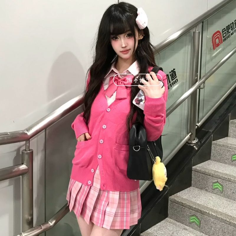Jk Uniform Sweater Jacket Women's Autumn and Winter Japanese Style Style School Style Rose Red Long-Sleeved Knitted Cardigan Layered Top Jk Uniform Sweater Jacket Women's Autumn and Winter Japanese Style Style School Style Rose Red Long-Sleeved Knitted Cardigan Layered Top