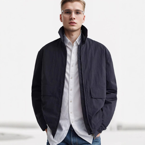 Spring and Autumn Independent Website Jacket Coat, Lapel Solid-Color Jacket with Large Pockets