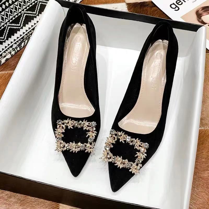 High-heeled shoes 2023 new all-match French girl pointed sexy stiletto with rhinestone square buckle professional single-layer shoes Black
