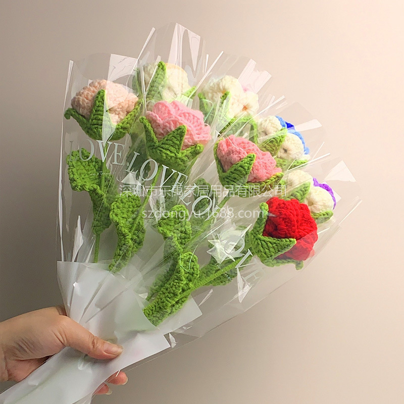 玫瑰花编织花束假花手工钩针仿真花毛线花朵成品情人节教师节礼物|undefined