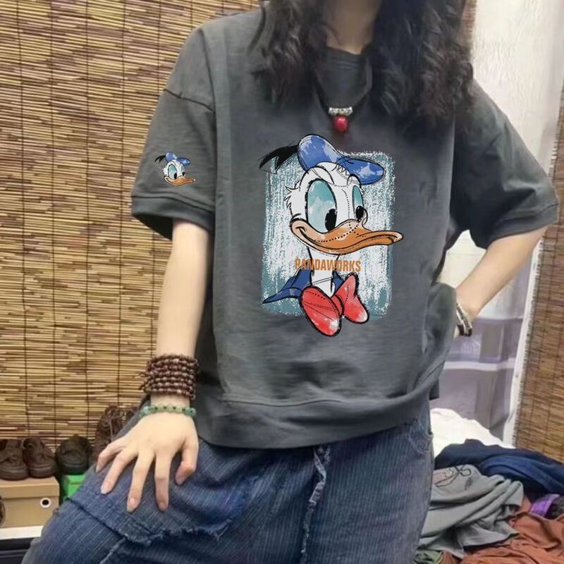 Loose plus size 300kg chubby girl women's jacket 240kg new cartoon printed crew neck cotton short sleeve T-shirt Loose plus size 300kg chubby girl women's jacket 240kg new cartoon printed crew neck cotton short sleeve T-shirt