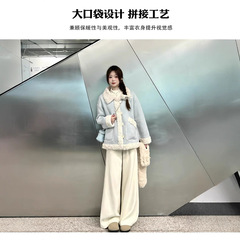 奶蓝色皮毛一体外套女冬季韩系穿搭超好看加绒厚棉服2025冬天穿搭