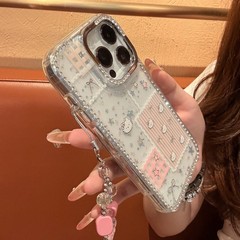 シンプルなピンクのストライプ柄キティ猫レーザー星柄、iPhone 17 Pro、iPhone 15、iPhone 14対応、ダイヤモンド付きスマホケース