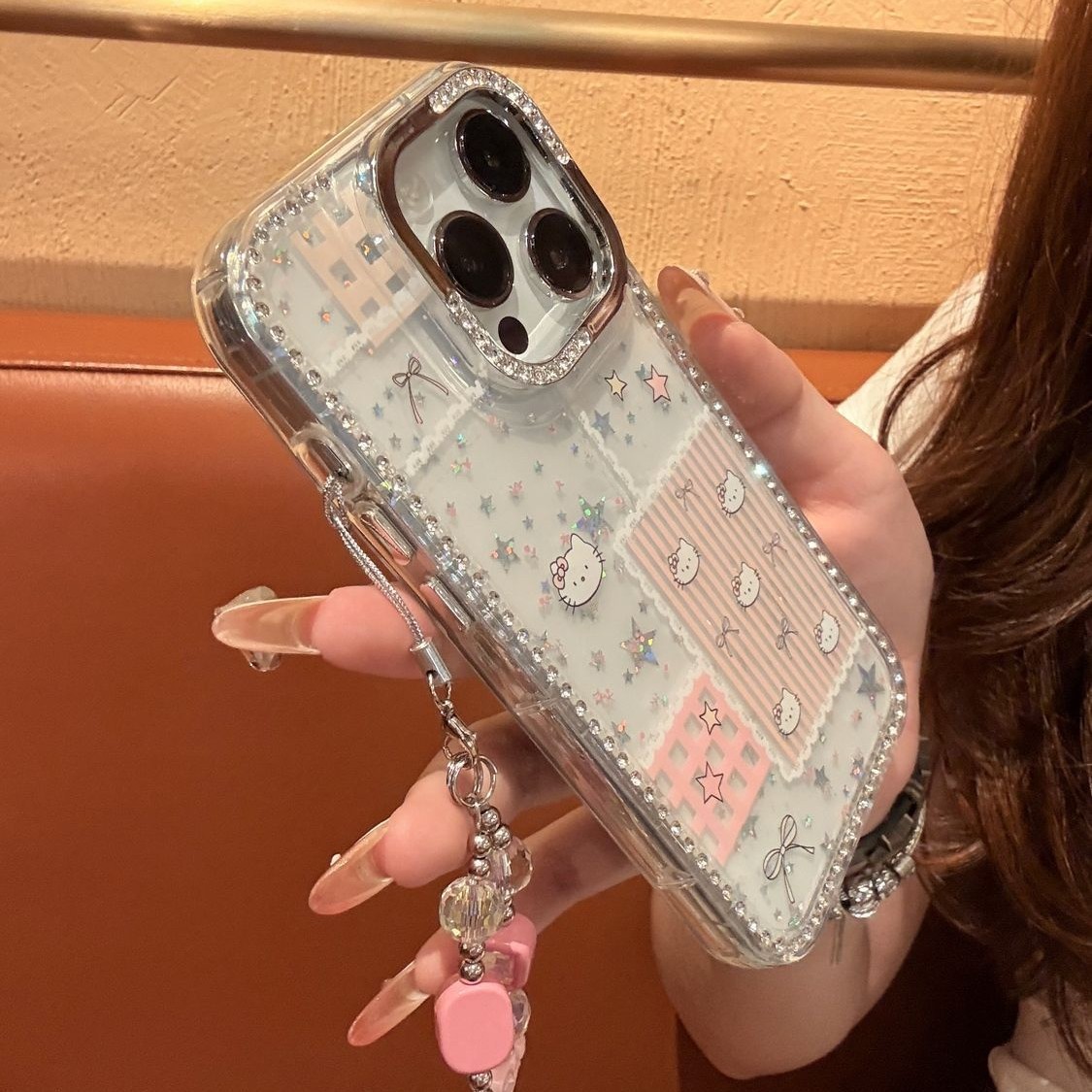 Casual Pink Stripesd Kitty Cat Laser Star Suitable for Apple 17Pro Mobile Phone Case Iphone15 Diamond-Encrusted 14