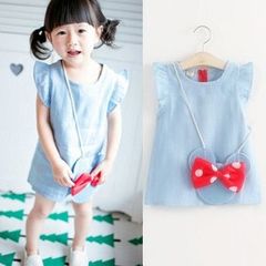 A girl's denim sundress with a crossbody bag, small flutter sleeves, child's backless dress, summer style, cartoon for girls, drop shipping one piece