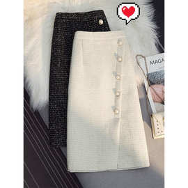 秋冬加厚毛呢亮丝半身裙女2024新款小香风高腰显瘦A字开叉包臀裙