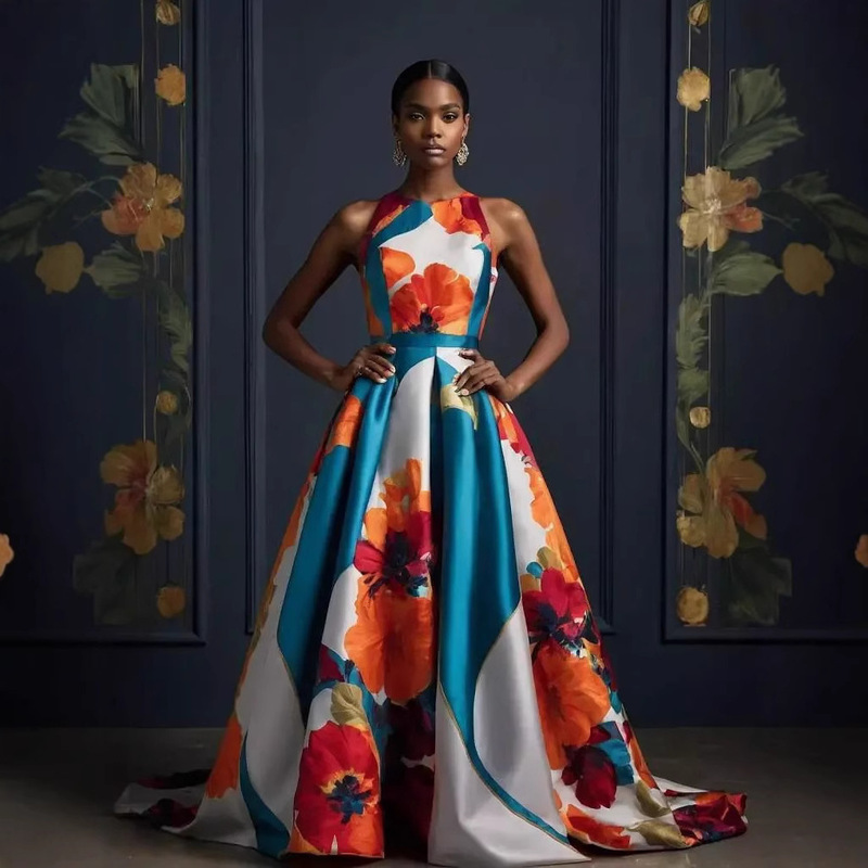 European and American Cross-border Fashion Large Swing Skirt Sleeveless Printed Evening Dress Sleeveless Waisted Slim-fit Satin Zipper dress