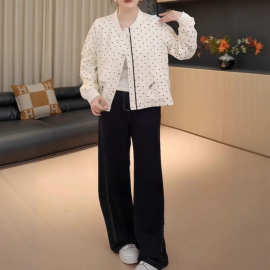 大码女装圆领波点抽绳棒球服短外套秋季新款胖mm时尚百搭宽松上衣