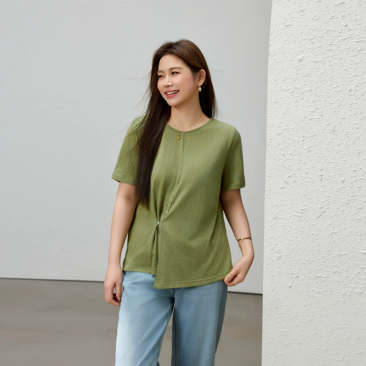 [Простая повседневная индивидуальная футболка с открытым вырезом с круглым вырезом] Felly Show Женская толстая mm2025 летний новый