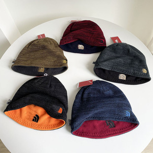 Demi-season double-sided woolen knitted hat, keep warm cap, with embroidery