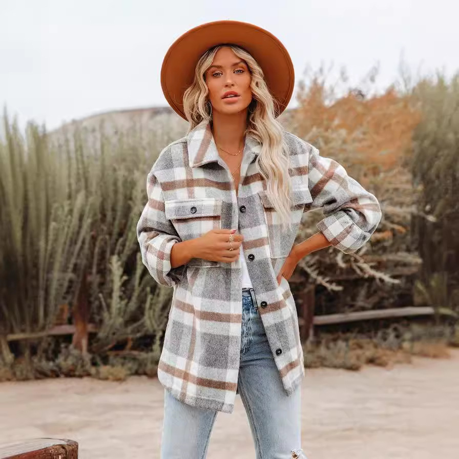 2022 Amazon Otoño e Invierno ropa de mujer transfronteriza europea y americana Amazon botón a cuadros franela abrigo de camisa de lana
