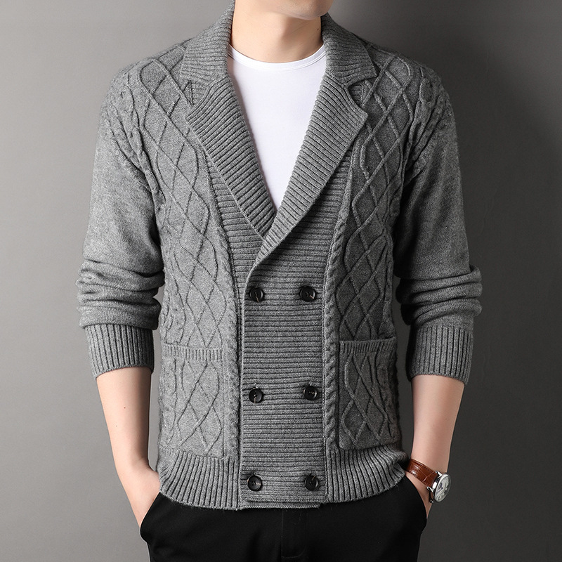 New Men's Sweater Coat Autumn Twist Cardigan British Style Double-Breasted Knitted Sweater Wholesale Turn-Down Collar