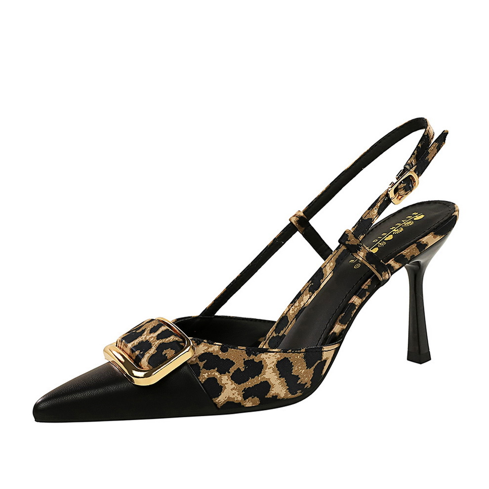 Pointed Toe Satin Leopard Print Stiletto Heels With Belt Buckle_voghion.com
