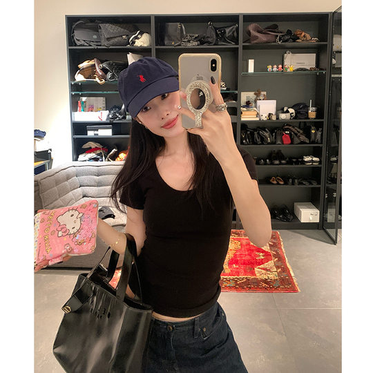 Nantao Spice Girl U-collar Shoulder Short-sleeved T-shirt Women's 2025 Summer Basic Solid Color All-match High Elastic Slim-fit Slimming Top