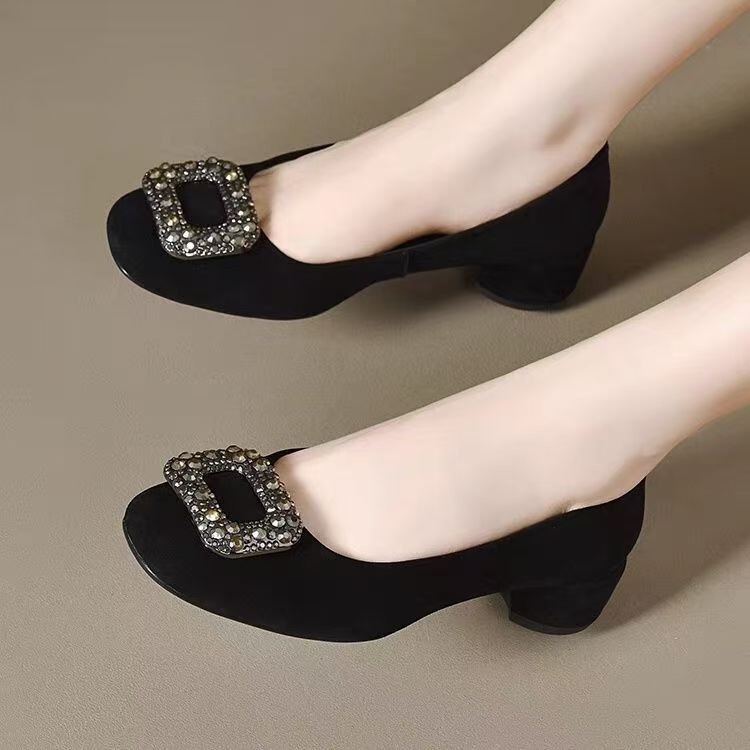 Chunky Heel Rhinestone Suede Slip-On Shoes for Women, Soft Leather Shallow Mouth Slip-On Shoes, Versatile Low-Heel Leather Shoes for Women, Soft-Soled All-Season Shoes