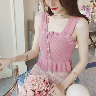 Summer New Ins Navel Small Camisole Vest Outer Wear Fungus Pleated Base Knitted Shirt Short Clavicle Fairy