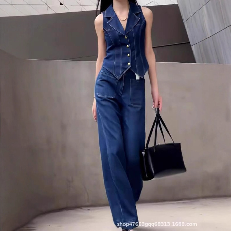 Hong Kong Style Retro Denim Suit for Women, Summer Fashion, Street Style, Age-Reducing, High-End V-Neck Vest, Wide-Leg Pants Two-Piece Set