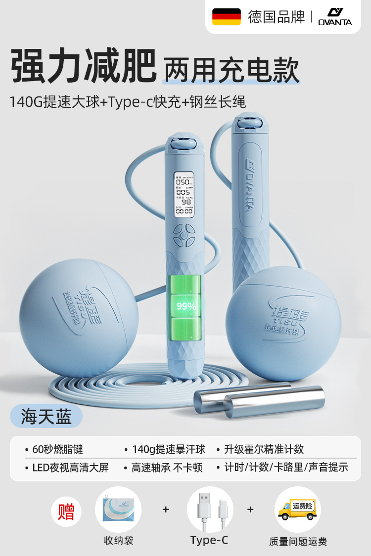 [이중 사용/Type-c 고속 충전] 65mm 무선 볼 + 긴 로프/하중 450g/블루