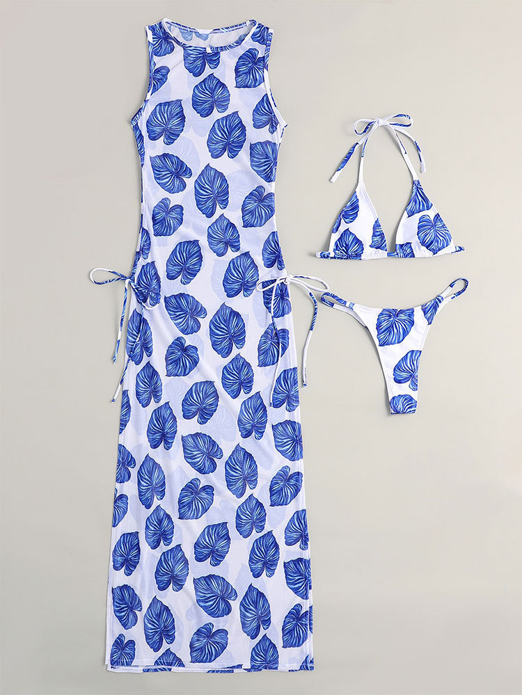 2024 Nuovo cardigan in rete con stampa divisa da donna sexy Set in tre pezzi costume da bagno bikini per ragazza piccante_voghion.com