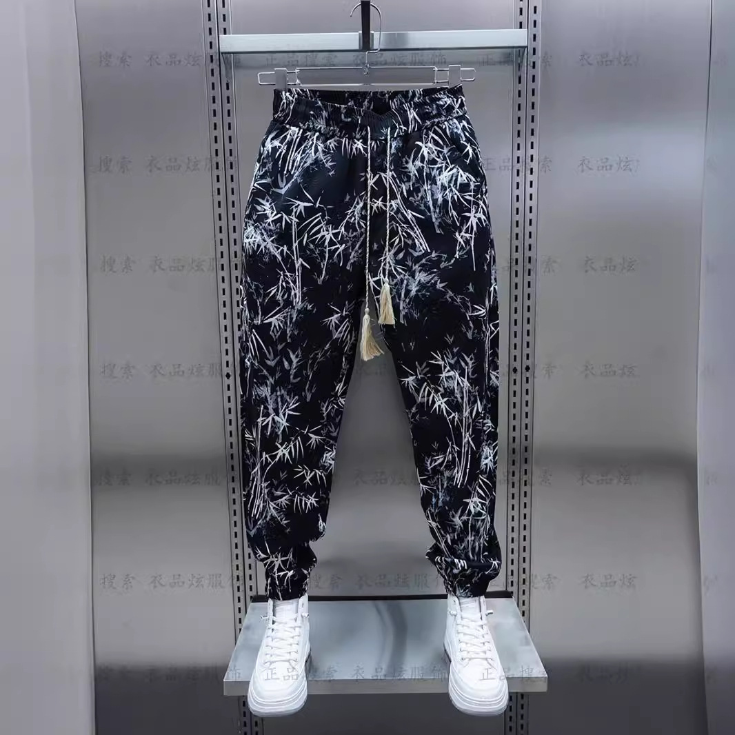 休闲裤男士夏季薄款速干宽松潮牌花色裤子高端运动束脚哈伦裤男款