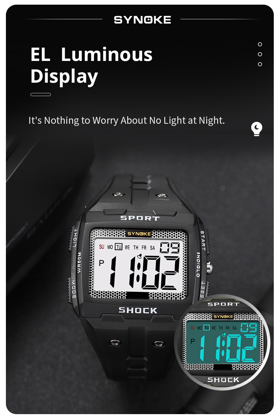 SYNOKE noul ceas electronic sport pentru bărbați, rezistent la apă, luminos, cu ecran mare, pătrat, pentru exterior, ceas militar ceas pentru studenți_voghion.com