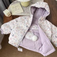 女童紫色双面穿棉服冬季新款宝宝碎花棉衣儿童冬装连帽外潮流