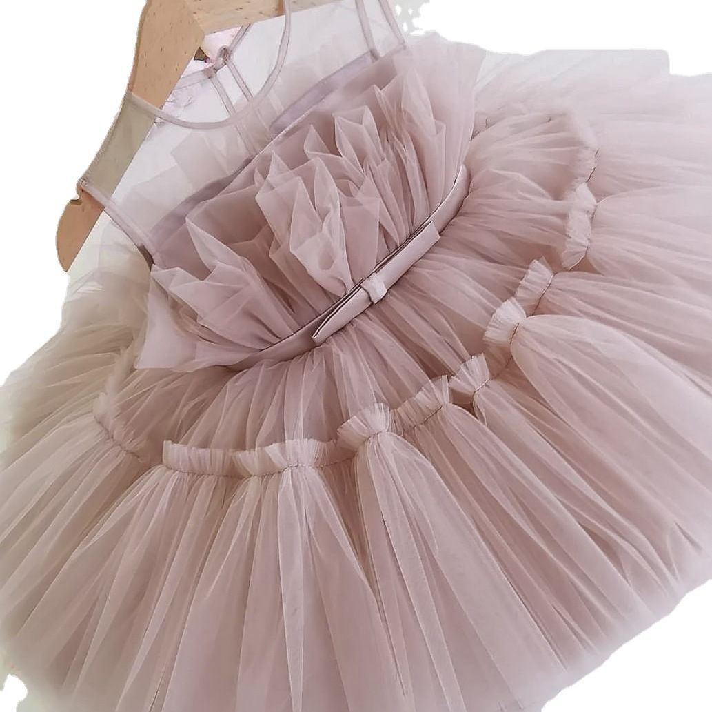2022 verano nuevo estilo vestido de niña falda de tutú de malla sin mangas europea y americana vestido de princesa con lazo para niños en stock