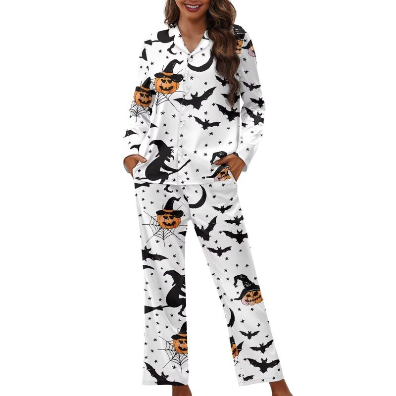 New American Style Halloween Broom Graffiti Print Cuban Collar Long Sleeve Shirt Single-breasted suit Women's Fashion New American Style Halloween Broom Graffiti Print Cuban Collar Long Sleeve Shirt Single-breasted suit Women's Fashion