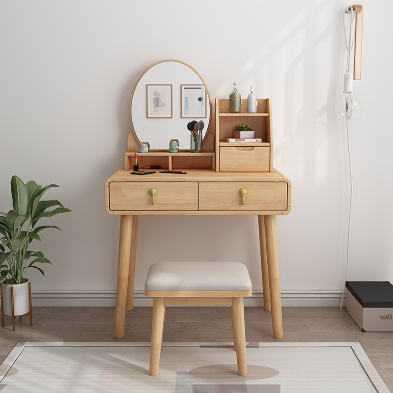 Tocador de Dormitorio Moderno y Minimalista de Madera Maciza, Modelo 2023, Multifuncional con Bandeja Giratoria, Tocador de Maquillaje de 70 cm