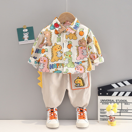 New Autumn Children's Cartoon Dinosaur Collar Long-Sleeve Two-Piece Set Wholesale Baby Casual Work Pants Trendy