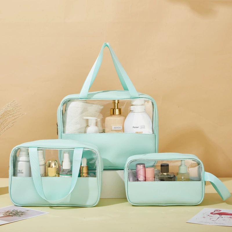 Capacious waterproof cosmetic bag PVC, polyurethane handheld storage bag for traveling