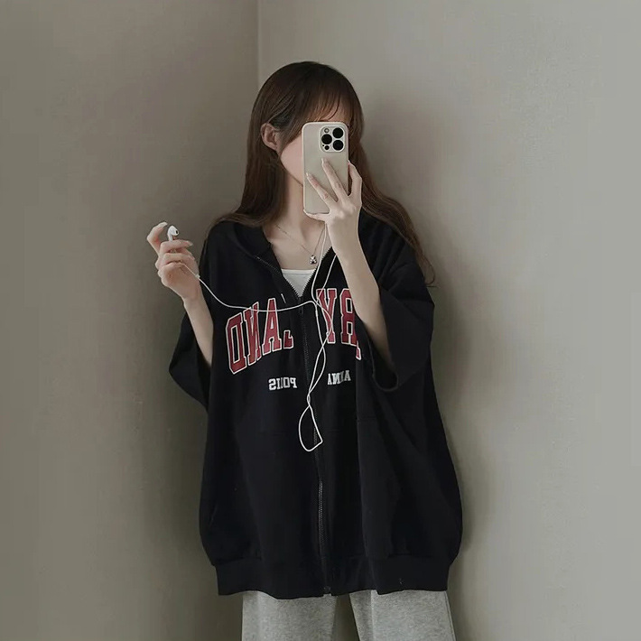 国境を越えた卸売り半袖黒のガーディアン女性2023春夏韓国風運動ゆるいフードのジッパーのカーディガン|undefined