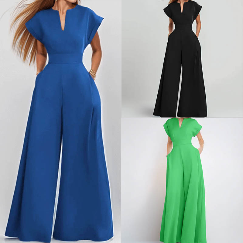 2026 Spring New Style Cross-Border European and American Women's Fashion Elegant V-Neck Solid Color Slim Fit Wide Leg Jumpsuit