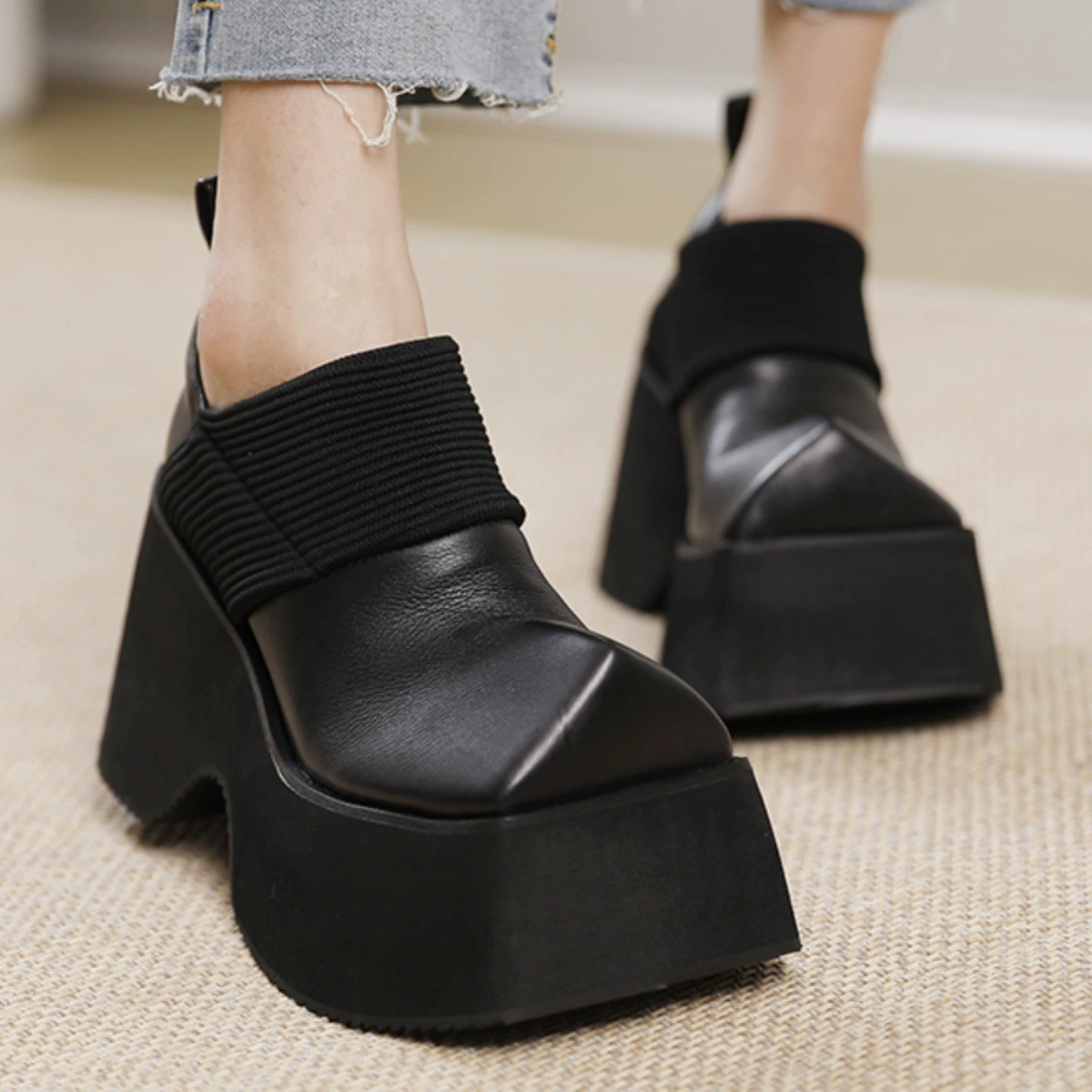 Ретро тканые туфли на толстой подошве 10CM женская оригинальная повседневная личность нишевые кожаные туфли