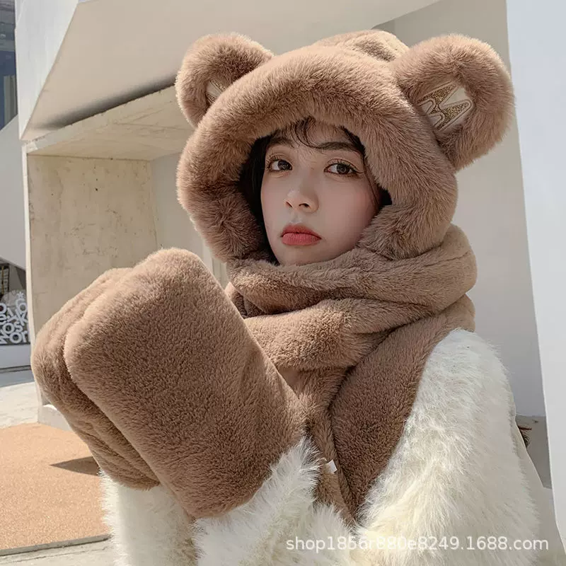 秋冬经典帽子围巾手套三件套保暖加绒加厚一体百搭女围巾套装批发