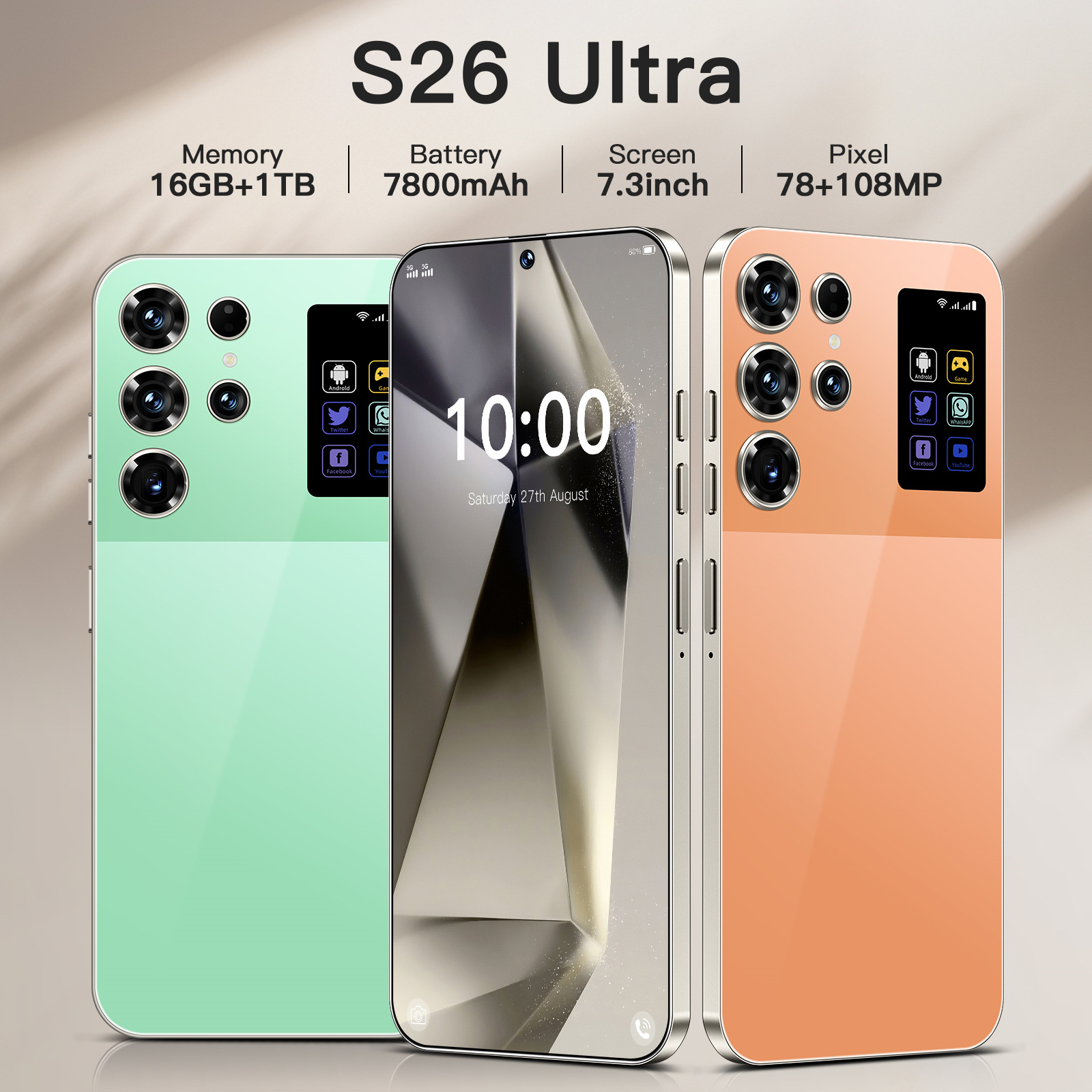 S26Ultra Cross-Border Mobile Phone 16+1t Android 7.3 Large Screen Foreign Trade Ready Stock Smart 5g Factory 5g Large Screen Flagship