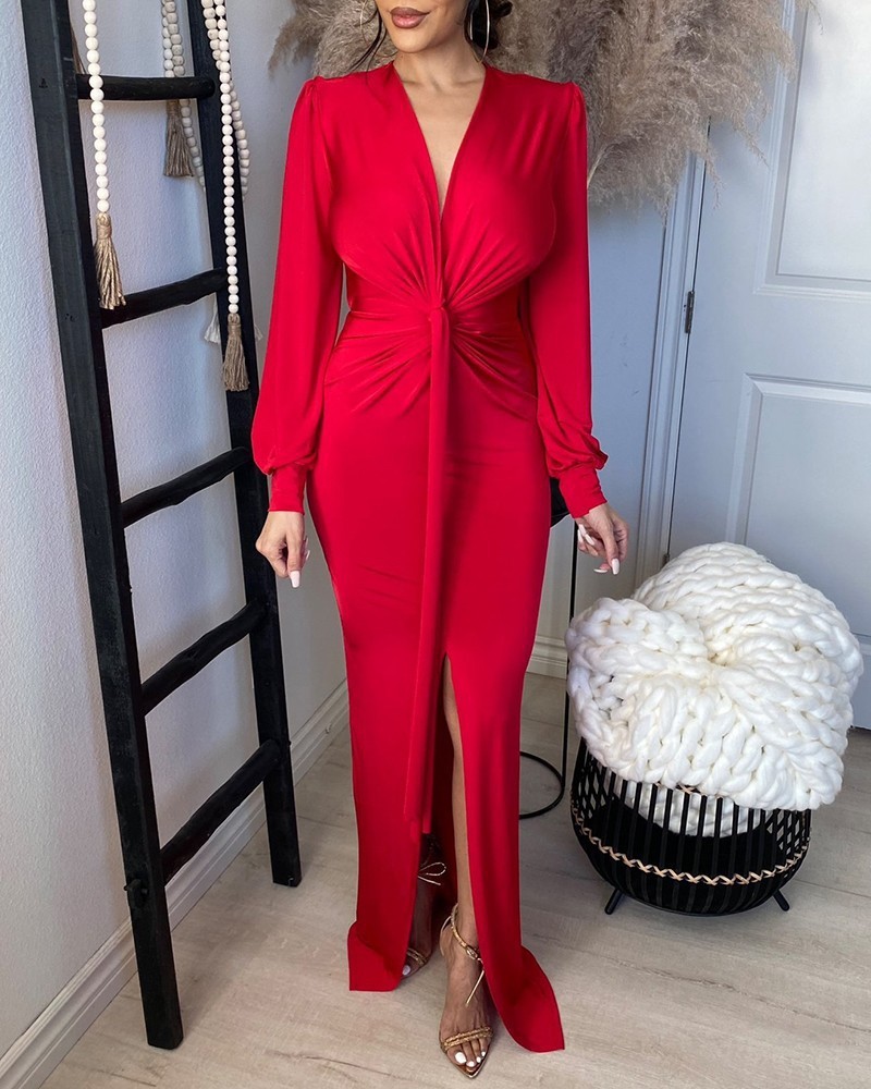 Women's dress with long red gradient puffy sleeves_voghion.com