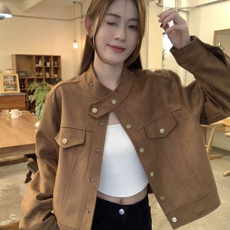 美拉德穿搭立领洋气外套女秋冬感复古宽松短款夹克麋鹿皮外套|undefined
