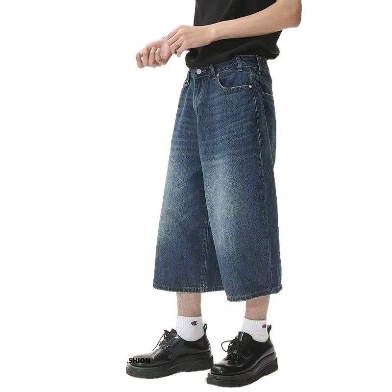 Dark Blue Wide-Leg Cropped Jeans for Men, Stylish Casual High Street American Retro Straight Mid-Length Shorts Versatile Trendy