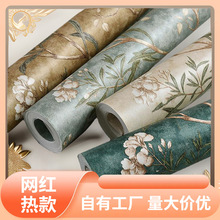 伊蕊深咖啡色卧室田园墙纸无纺布美式乡村花鸟客厅祖母绿壁纸