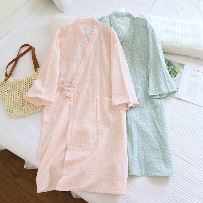 Japanese-Style Pure Cotton Gauze Robe for Women, Spring and Summer Thin Kimono Bathrobe, Long Sleepwear, Sweet Floral Bathrobe, Loose Fit