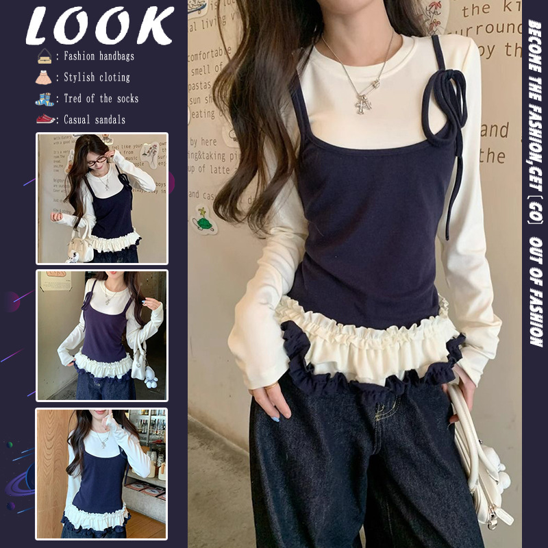 Fake Two-piece Contrast Color Long-sleeved T-shirt Women's Spring 2025 Waist Base Shirt Ballet Style Lace Top