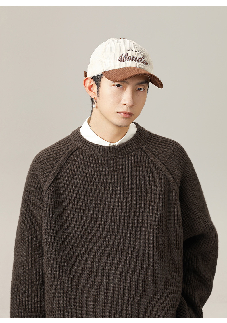 Monochrome 3d Shoulder Texture Men's Round Neck Knitted Sweater_voghion.com